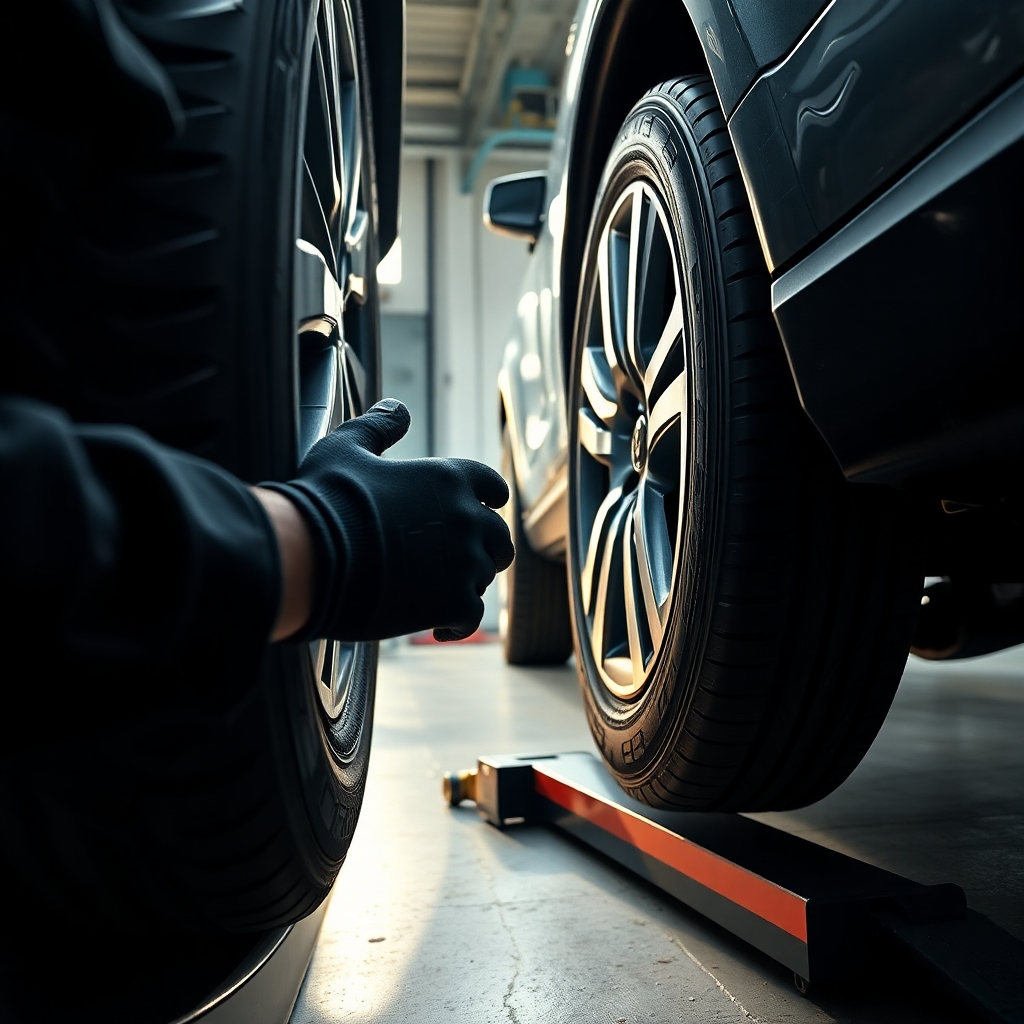 An ultra-high-definition (8K) photorealistic image, in the style of renowned automotive photographer, showcasing a mechanic expertly rotating and balancing tires on a modern SUV. Dramatic side lighting casts shadows, highlighting the intricate details of the equipment and the tires themselves.  The color palette is deep and rich, emphasizing the metallic textures of the equipment and the rubber of the tires. The camera angle is low to the ground, giving a dynamic perspective.  The composition is centered on the mechanic's hands and the tire balancing machine, with the SUV partially visible in the background.  Textures of the tires (tread, sidewall), tire balancing machine, and the mechanic's gloves are exquisitely detailed.  The environment is a clean and organized tire shop, hinting at Fast Tune & Lube branding. The mood is one of precision and professionalism.  Specific equipment like a tire balancer and impact wrench are clearly shown. The overall image should communicate precision and quality.