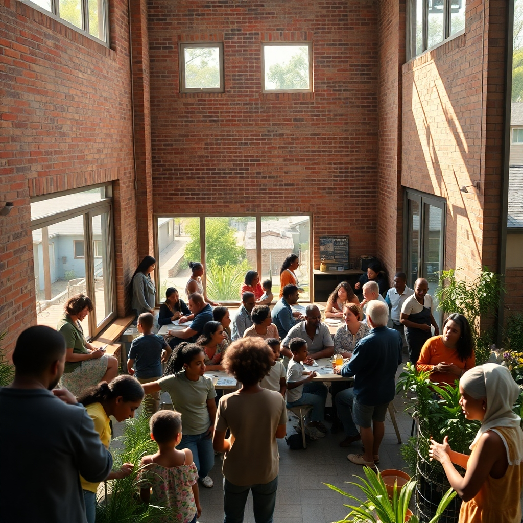 An ultra-high-quality, photorealistic image at 8K resolution, inspired by the style of Sebastião Salgado.  Depict a community development project, focusing on a newly renovated community center buzzing with activity. The lighting should be natural, with soft sunlight streaming through large windows. The color palette is earthy and optimistic, utilizing warm tones of brown, beige, and muted greens. The composition emphasizes human interaction, showing people of various ages and backgrounds participating in different activities within the center—children attending an after-school program, adults participating in a business workshop, seniors enjoying a social gathering. The camera angle is slightly elevated, providing a wide view of the center and surrounding community. The textures should be detailed, highlighting the natural materials of the building's renovation—exposed brick, reclaimed wood, and lush landscaping.  The background includes a diverse residential neighborhood, depicting a sense of community and well-being. The overall mood is uplifting and hopeful, showcasing the positive impact of community development.