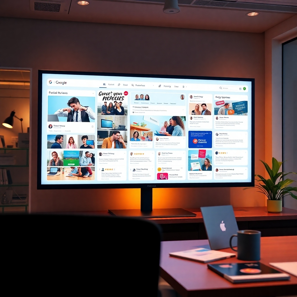 An ultra-high-resolution (8K), photorealistic image showcasing a vibrant, positive marketing campaign visualization on a large screen, with Google reviews prominently featured alongside it.  The lighting is warm and inviting, using soft lighting to create a welcoming, friendly atmosphere. The color palette is bright and energetic, with a mixture of warm colors representing community and connection and cool accents that suggest professionalism. The scene is viewed from a slightly elevated angle, allowing for a comprehensive view of the screen and supporting elements. The main focus is a large monitor showing various marketing materials (social media posts, ads etc.) and a strong concentration of positive Google reviews. There are also physical elements such as marketing brochures and promotional items subtly placed to add to the realism. The textures should include the smooth glass of the screen, the crisp texture of printed materials and the subtle textures of the background office environment. The style should be a blend of modern marketing aesthetics and a friendly, human-centric approach reminiscent of work by Annie Leibovitz.  The image should have a positive and inspiring mood, conveying a sense of community, growth and success. The image must be highly detailed, emphasizing the clarity of the Google reviews and showcasing the positive nature of the marketing campaign.
