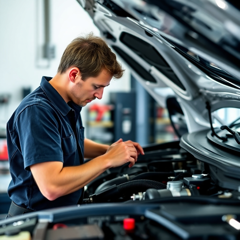 A photorealistic image of a mechanic in a clean, well-lit auto repair shop, carefully changing the oil in a car.  The mechanic should be wearing gloves and using professional tools. The oil should be clearly visible, and the overall scene should project expertise and cleanliness. The background should be slightly blurred, focusing on the mechanic and the oil change process.