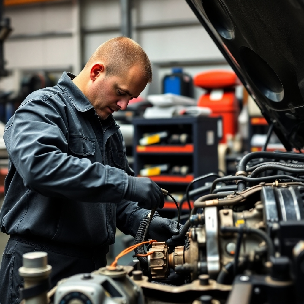 A detailed close-up shot of a mechanic meticulously inspecting brake pads and rotors on a vehicle's wheel. The image should highlight the precision tools used and showcase the condition of the brake components, with clear visibility of wear and tear if present. The background should be a professional, clean auto repair bay, and the lighting should be bright and even.