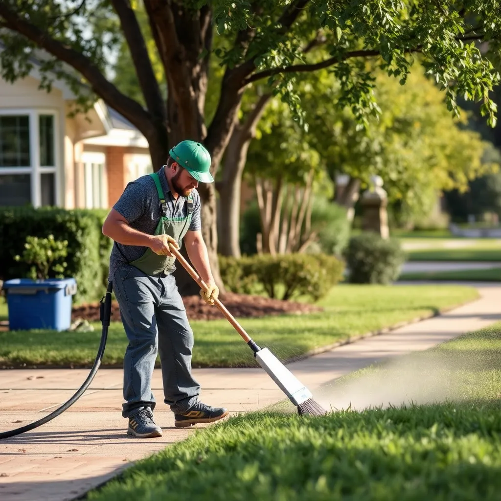 A photorealistic image of a professional landscaping crew using heavy machinery to clear a dense brush area, revealing a beautiful, open grassy field behind it. The sky should be bright and clear, and the image should depict the transformation from overgrown to clean and spacious.