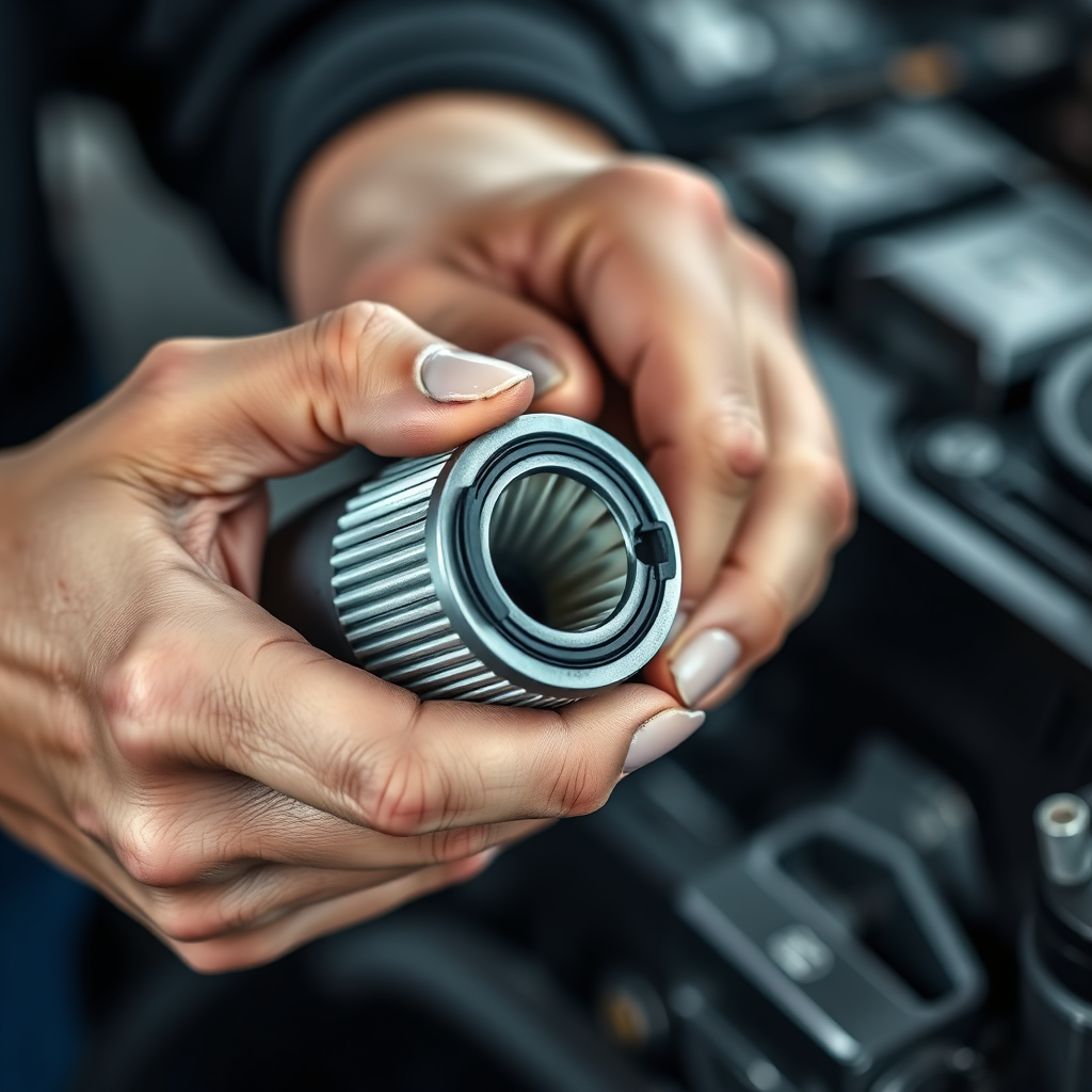 Close-up shot of a mechanic's hands carefully tightening an oil filter, showcasing expertise and attention to detail. Use shallow depth of field and focus on the hands and filter. 4k resolution.