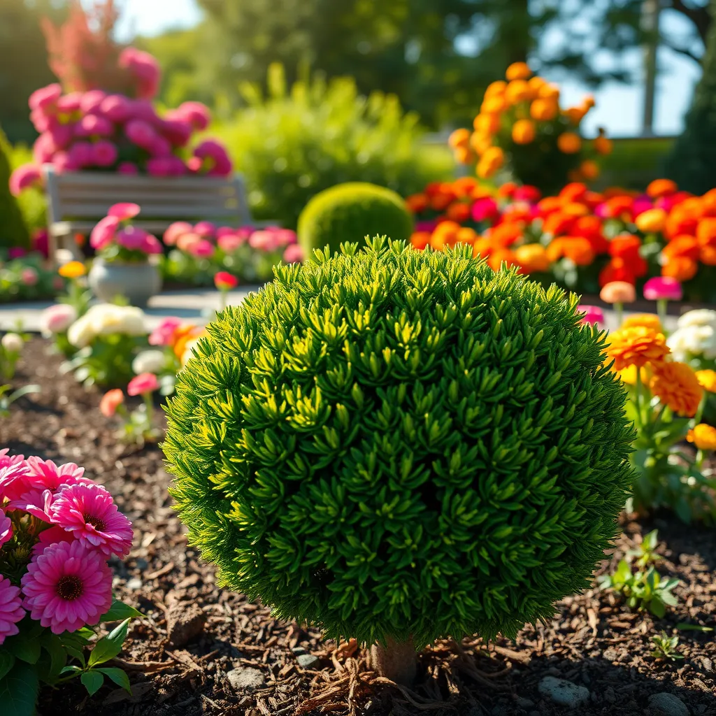 Create a photorealistic, ultra-high quality 8K image capturing the essence of Flowerbed Care.  The image should depict a lush, well-maintained garden with a focal point on a meticulously trimmed shrub in the foreground, showcasing the artistry of our pruning services. The background should feature a vibrant flower bed with a variety of blooming flowers, representing our expertise in installation and upkeep. The lighting should be soft and natural, mimicking a sunny summer afternoon. The color palette should be warm and inviting, showcasing the beauty and vibrancy of nature. The camera angle should be low, creating a sense of grandeur and emphasizing the meticulous detail of our work.  The image should evoke a feeling of tranquility and beauty, reflecting the high-quality services offered by Flowerbed Care.  For inspiration, refer to the photography style of renowned landscape photographers like  David Yarrow and  Steve McCurry.  The image should feature realistic textures and details, including the velvety petals of the flowers, the intricate bark of the shrub, and the rich, textured soil.  Include subtle background details like a decorative garden bench or a rustic stone pathway to enhance the overall composition., ultra high resolution, photorealistic, 8K, hyperdetailed, cinematic lighting