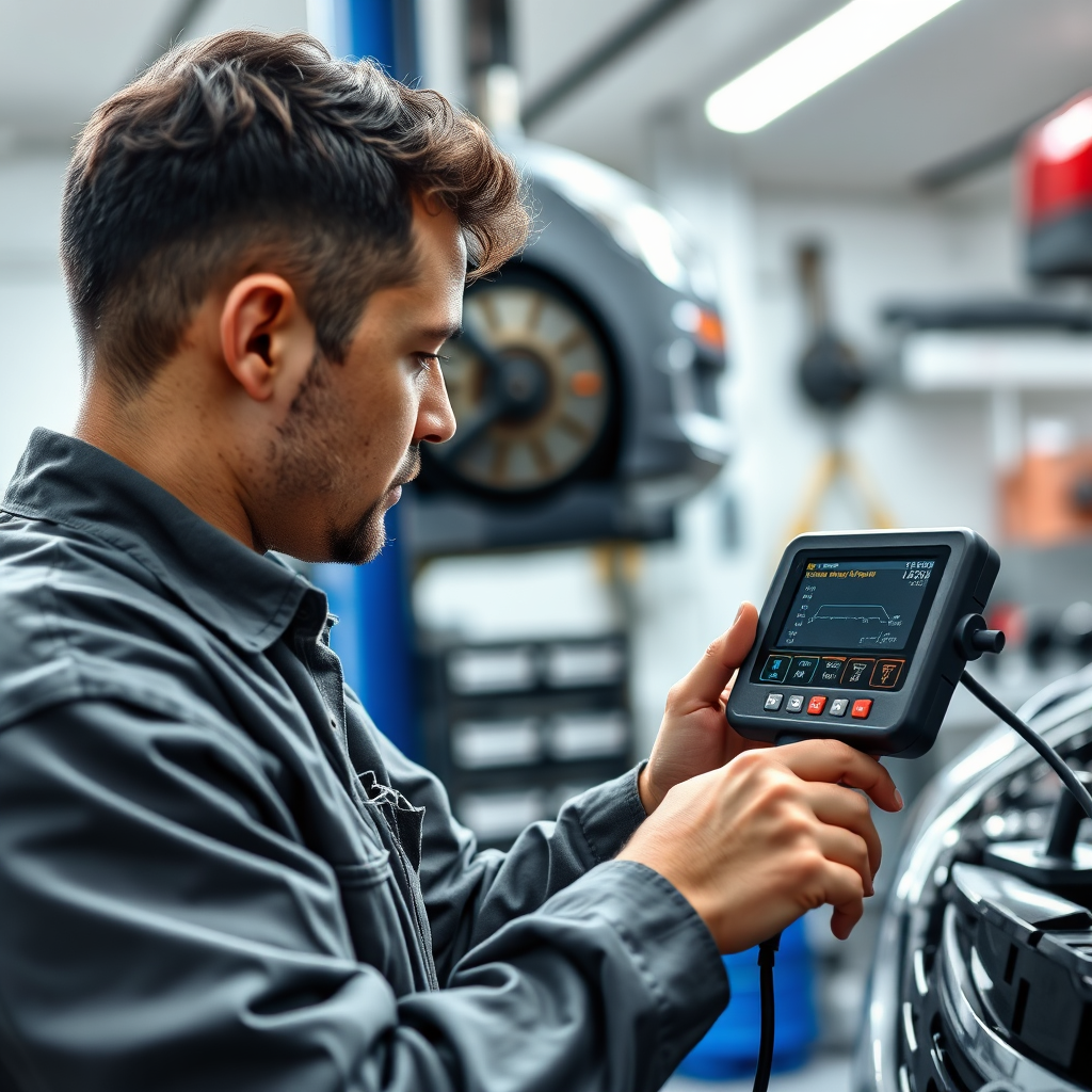 Create a photorealistic image of a modern diagnostic tool connected to a car's OBD port. The tool's screen displays complex data and graphs related to the engine's performance. The background shows a mechanic's hand operating the device. Lighting should be a combination of natural and artificial light, highlighting the screen's details. The color palette is dominated by cool blues and greys, with contrasting pops of color from the data display. The camera angle is a medium shot, emphasizing the connection between the tool and the car. The textures should be sharp and detailed, showcasing the technology's precision. The style is modern and technical, inspired by images of cutting-edge diagnostic equipment.