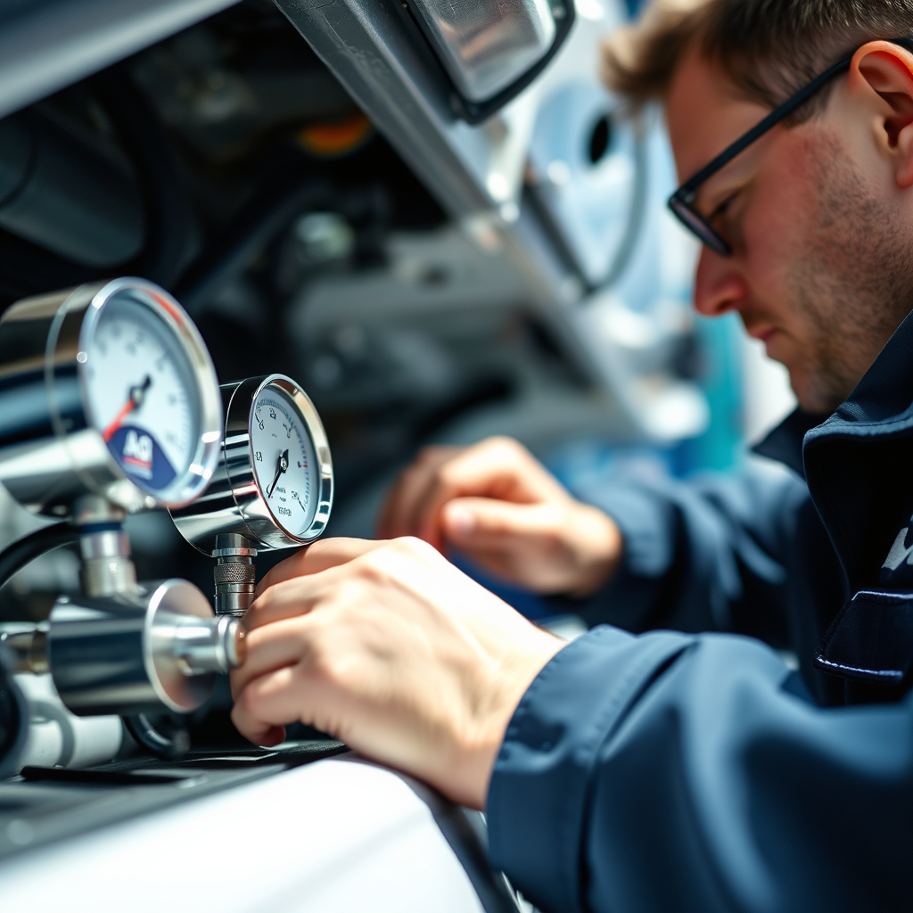 Create a photorealistic image showing a technician expertly recharging a car's A/C system. The focus should be on the A/C gauges and refrigerant lines, with the technician carefully monitoring the pressure. The lighting should be bright and clear, highlighting the precision of the process. The color palette should be clean and professional, with blues, whites, and silvers dominating. The camera angle should be a close-up shot, emphasizing the details of the equipment. Add texture details such as the smooth metal of the gauges and the flexible rubber of the hoses. The style should be similar to automotive service photography.