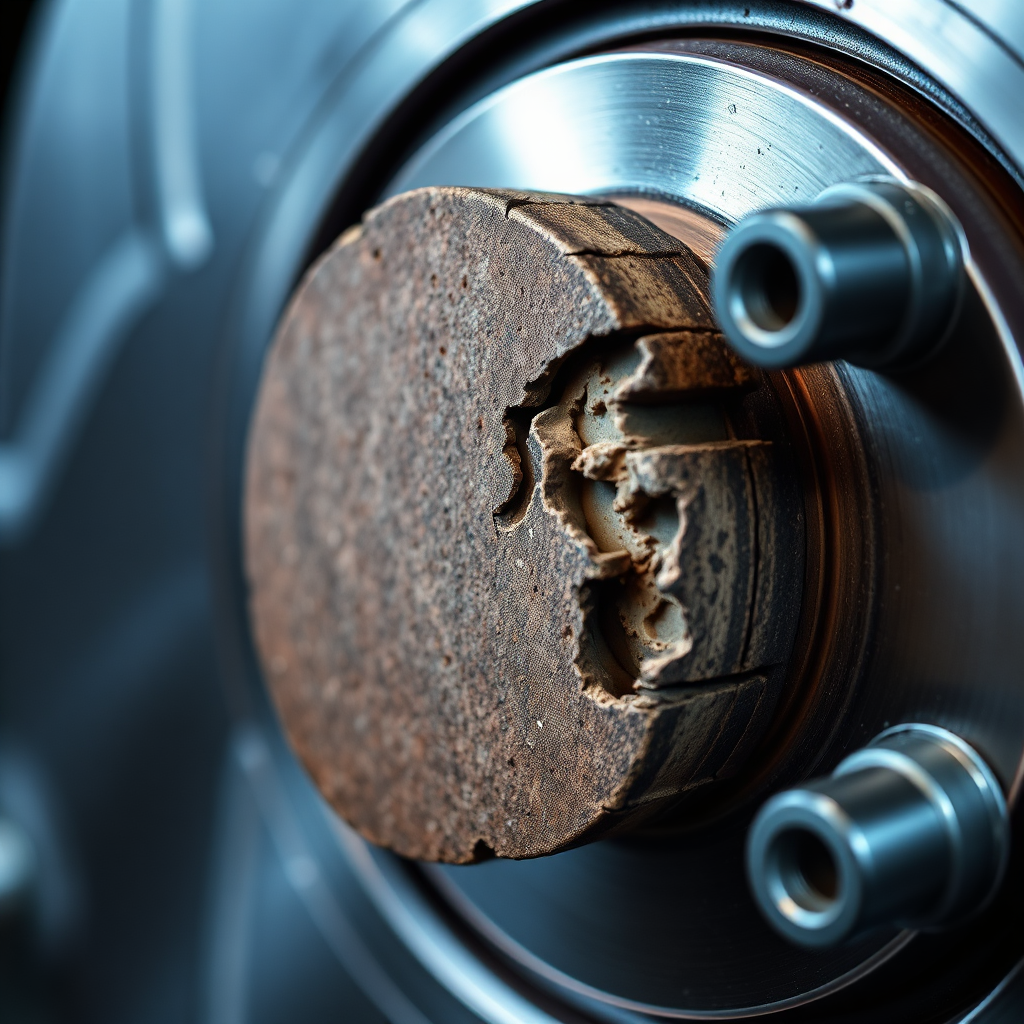 Create a photorealistic image showcasing a close-up view of a worn brake pad with visible scoring and damage. The brake rotor should also be partially visible, showing signs of wear. The lighting should be dramatic, highlighting the contrast between the damaged area and the new material. The background should be blurred, focusing attention on the worn components. The image should convey the importance of regular brake inspections. Emulate the style of a macro photograph, capturing the intricate details of the brake system.