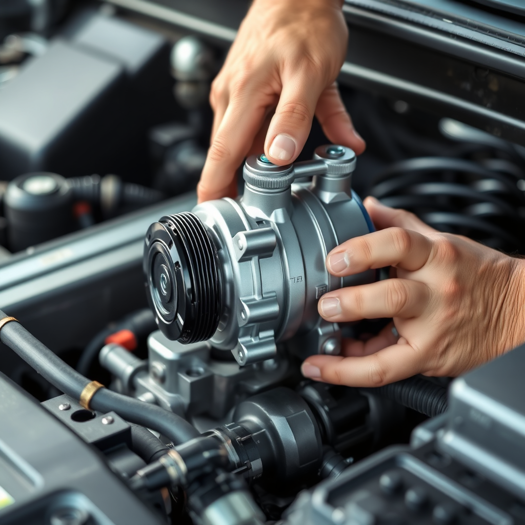 Create a photorealistic image showing a new A/C compressor being installed in a car. The focus should be on the compressor and the technician's hands as they carefully connect the refrigerant lines. The lighting should be bright and clear, highlighting the details of the component. The color palette should be clean and professional, with silvers, blacks, and blues dominating. The camera angle should be a medium shot, showing the compressor in relation to the engine compartment. Add texture details such as the smooth metal of the compressor and the rough texture of the engine components.
