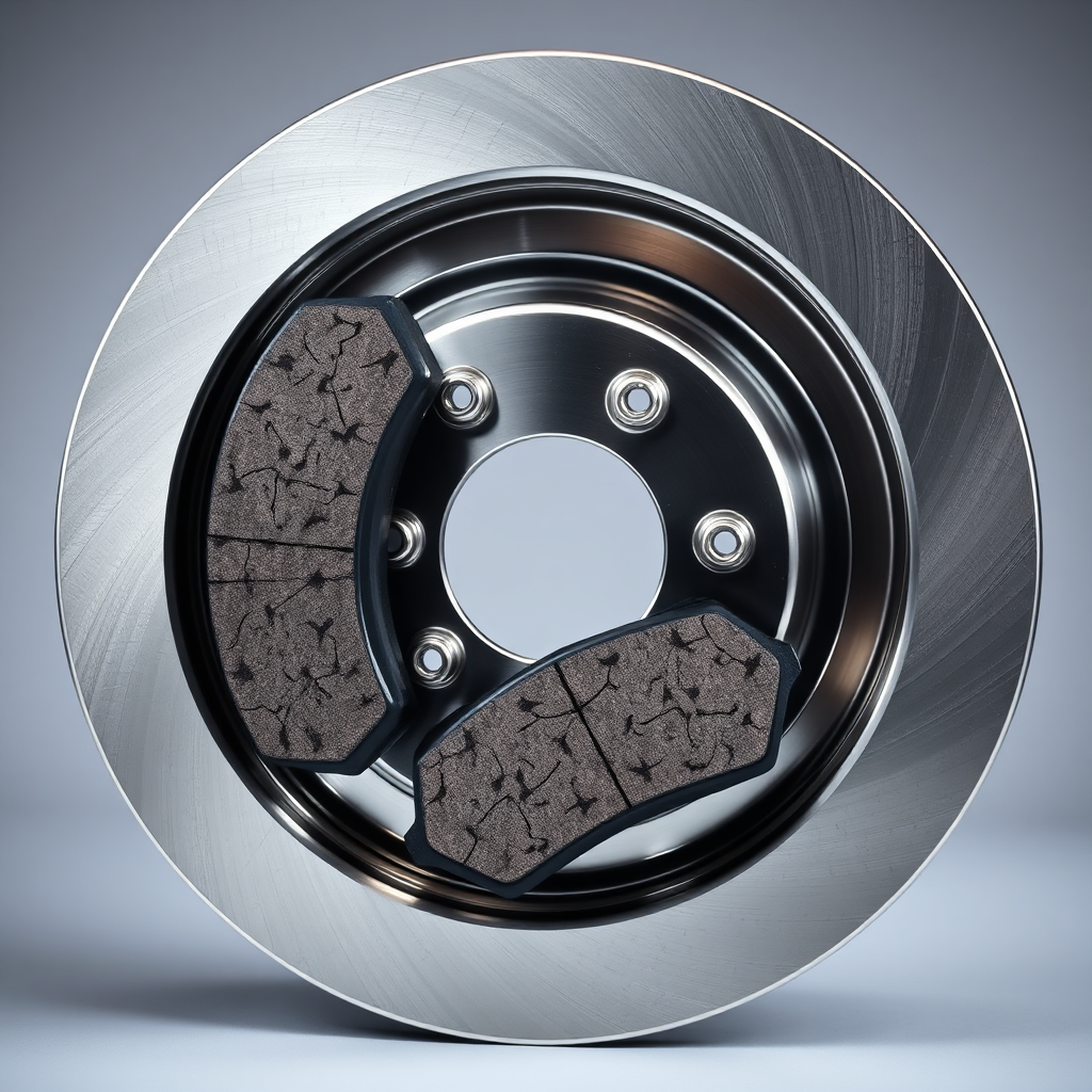 Create a product shot of new, high-quality brake pads and rotors. The components should be clean, shiny, and free of defects. The background should be a neutral color, allowing the brake parts to stand out. The lighting should be soft and diffused, highlighting the quality and craftsmanship of the parts. The camera angle should be a close-up, showcasing the intricate details of the brake components. Emulate the style of a high-end automotive parts advertisement.