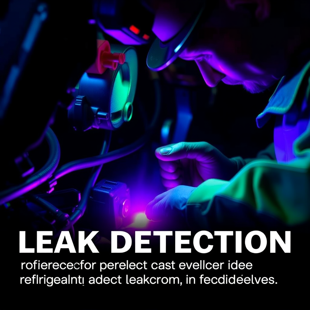 Create a stylized image depicting the leak detection process. The image should feature a technician using an ultraviolet light to detect refrigerant dye around A/C components. The lighting should be dramatic, with the UV light casting a purple glow on the leaking area. The color palette should be contrasting, with dark backgrounds and vibrant purple accents. The camera angle should be a close-up shot, emphasizing the leak. The style should be visually striking and informative.