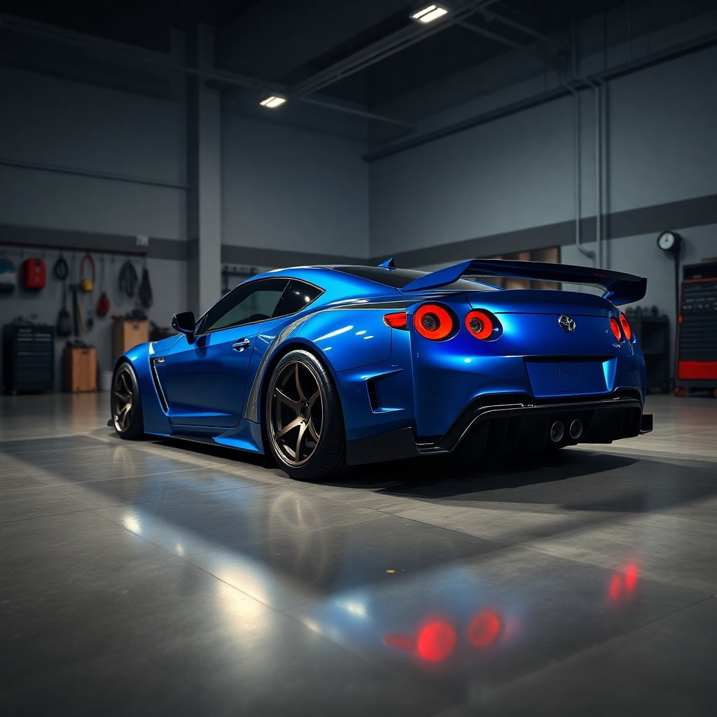 Generate a photorealistic image, 8k resolution, hyperrealistic detail, of a sleek, customized sports car in a dimly lit, high-end garage. The car should be a vibrant metallic blue, with custom body kits, aftermarket wheels, and a lowered suspension. Dramatic side lighting should highlight the car's curves and custom features. The garage is clean and modern, with polished concrete floors and subtle ambient lighting. A few high-end tools and car accessories are subtly placed in the background, creating a luxurious atmosphere. The camera angle is a low, sweeping shot, emphasizing the car's stance and aggressive design. Textures must be incredibly detailed, showing the reflective surface of the paint, the intricate details of the custom body kit, and the high-quality materials of the interior. The overall mood should be sophisticated and luxurious, conveying a sense of exclusivity and high performance. Style should evoke the aesthetic of renowned automotive photographers such as Justin Bridges. The image should showcase the car's unique features and the high level of craftsmanship that went into its customization.  Focus on realistic reflections and subtle dust particles in the air for an enhanced sense of realism