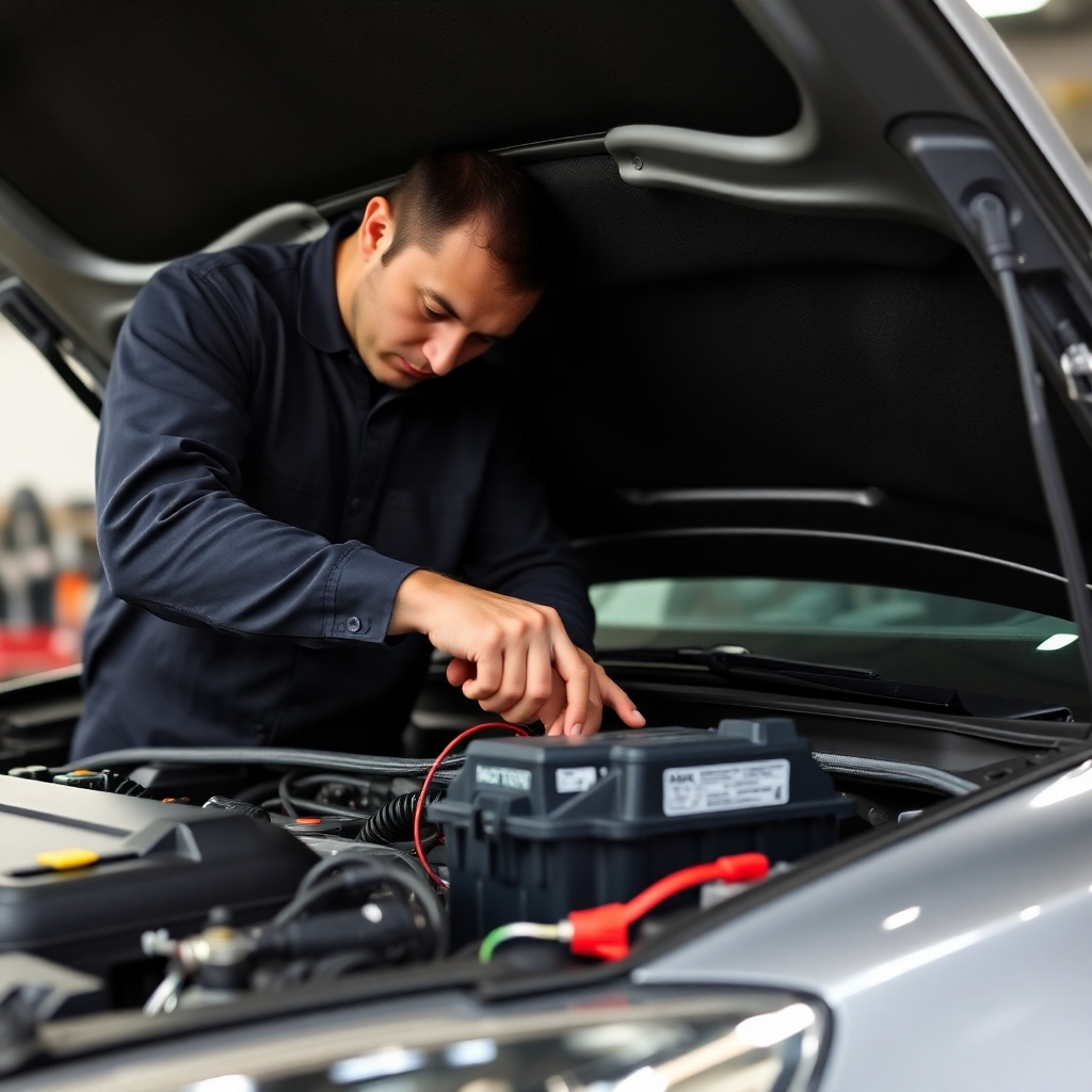 A mechanic replacing a car battery.