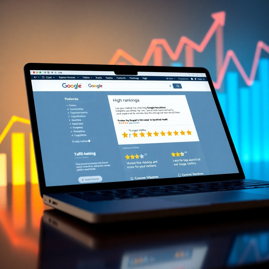 Photorealistic image of a laptop displaying a website with high rankings in Google search results, alongside many five-star Google reviews prominently featured. The background subtly displays growing upward trending graphs representing website traffic and customer satisfaction.