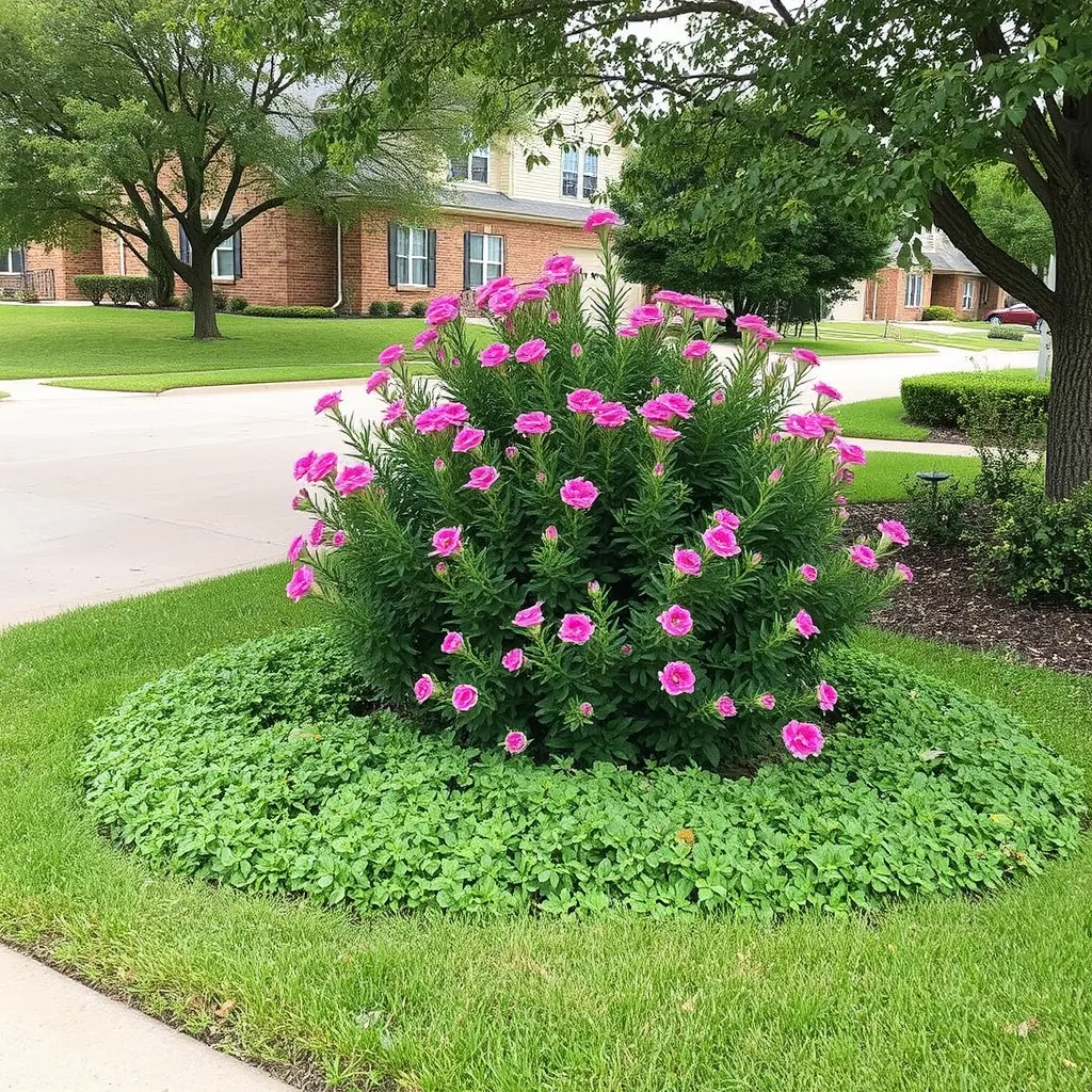 A photorealistic image of a landscaping team using specialized equipment to remove a large, overgrown shrub from a residential property. The image should focus on the safe and efficient removal process, and the background should depict the newly cleared space, ready for new landscaping elements.