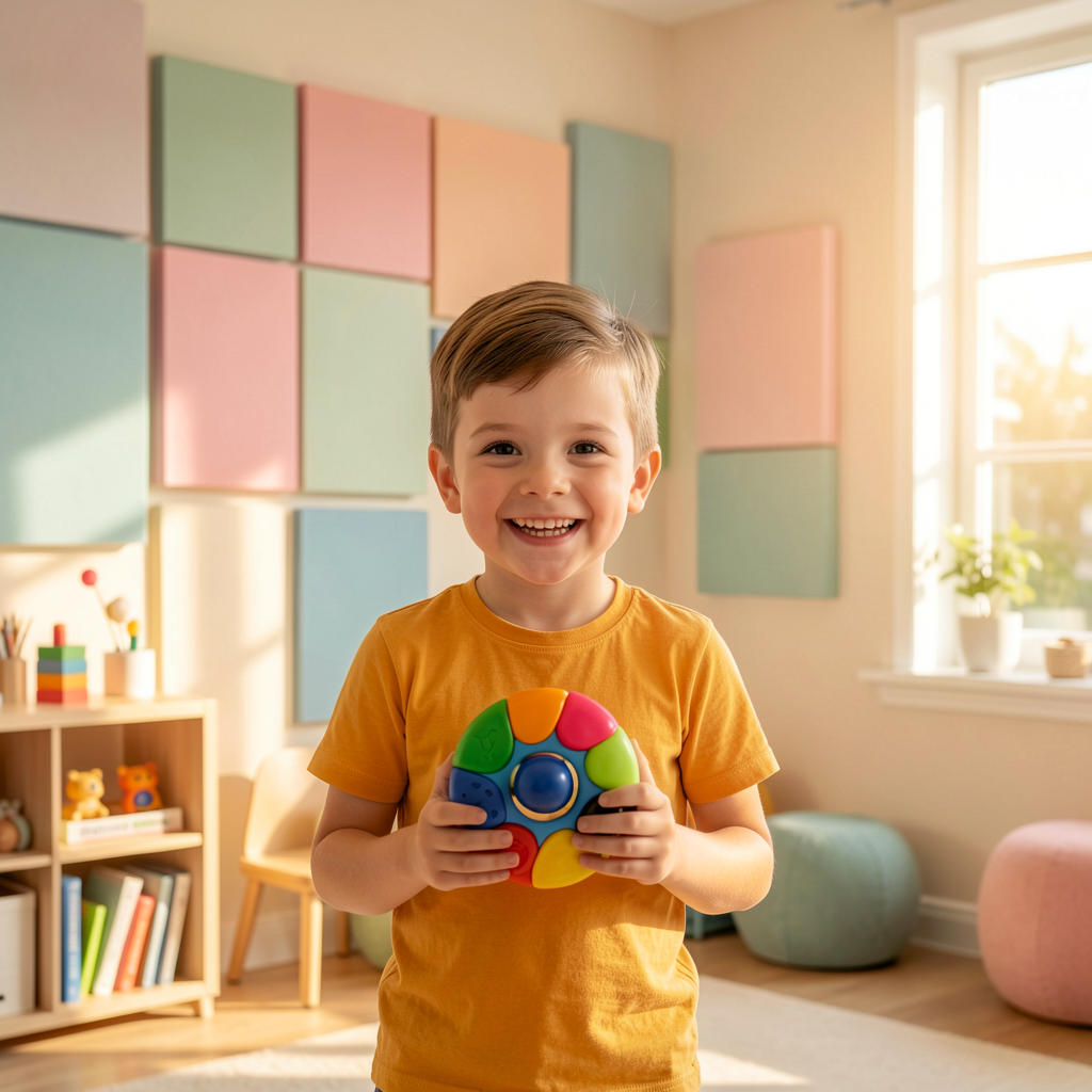 Leo smiling with sensory toys