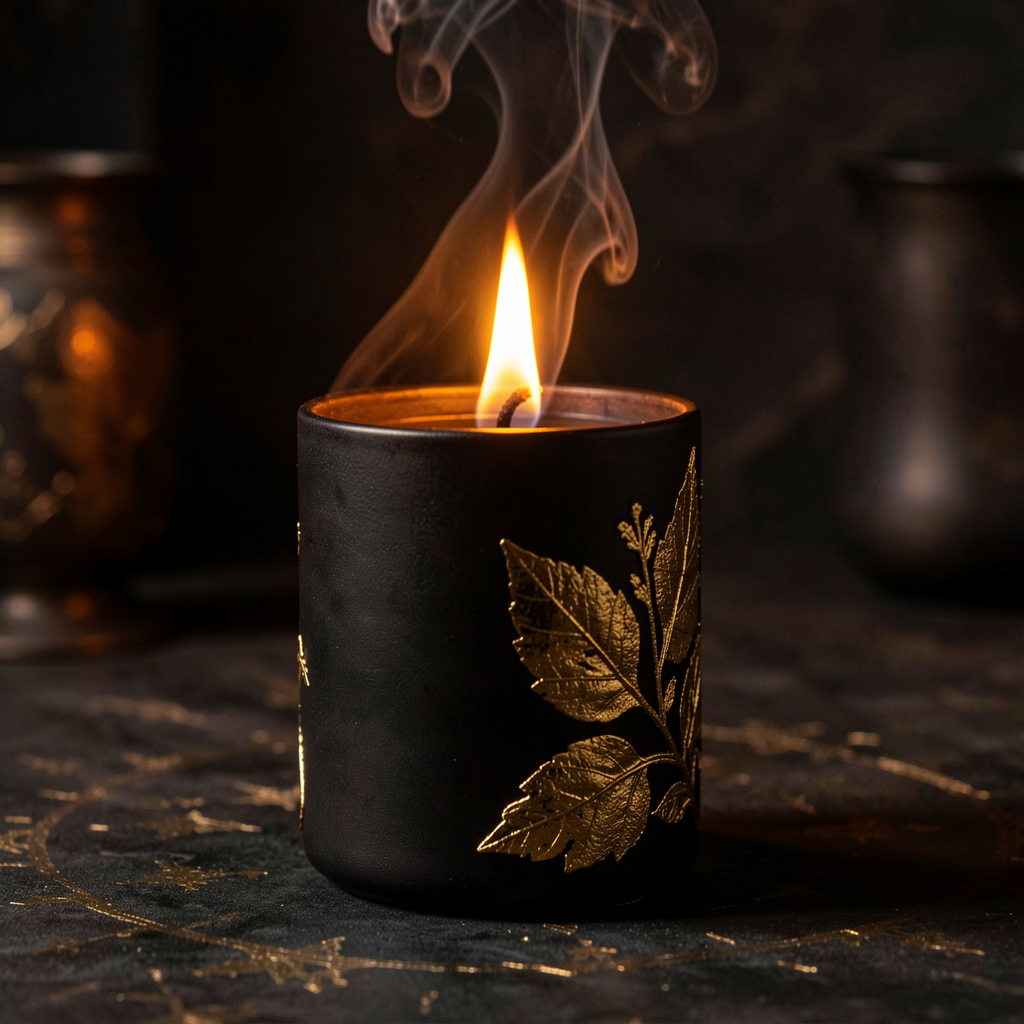 Luxurious black ritual healing candle burning with golden flame