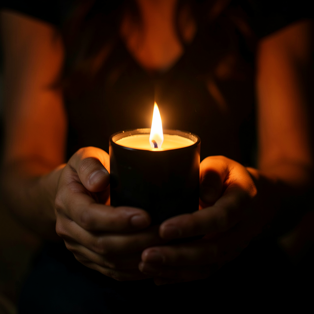 Woman performing an intense healing candle ritual
