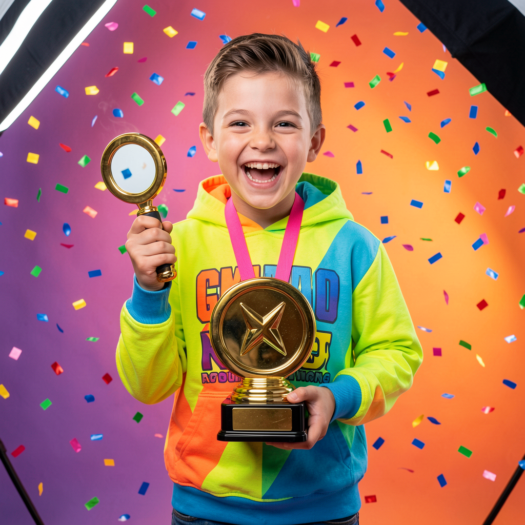Kid influencer holding a gold trophy smiling enthusiastically