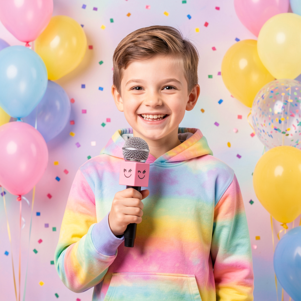 Kid influencer smiling and holding a microphone