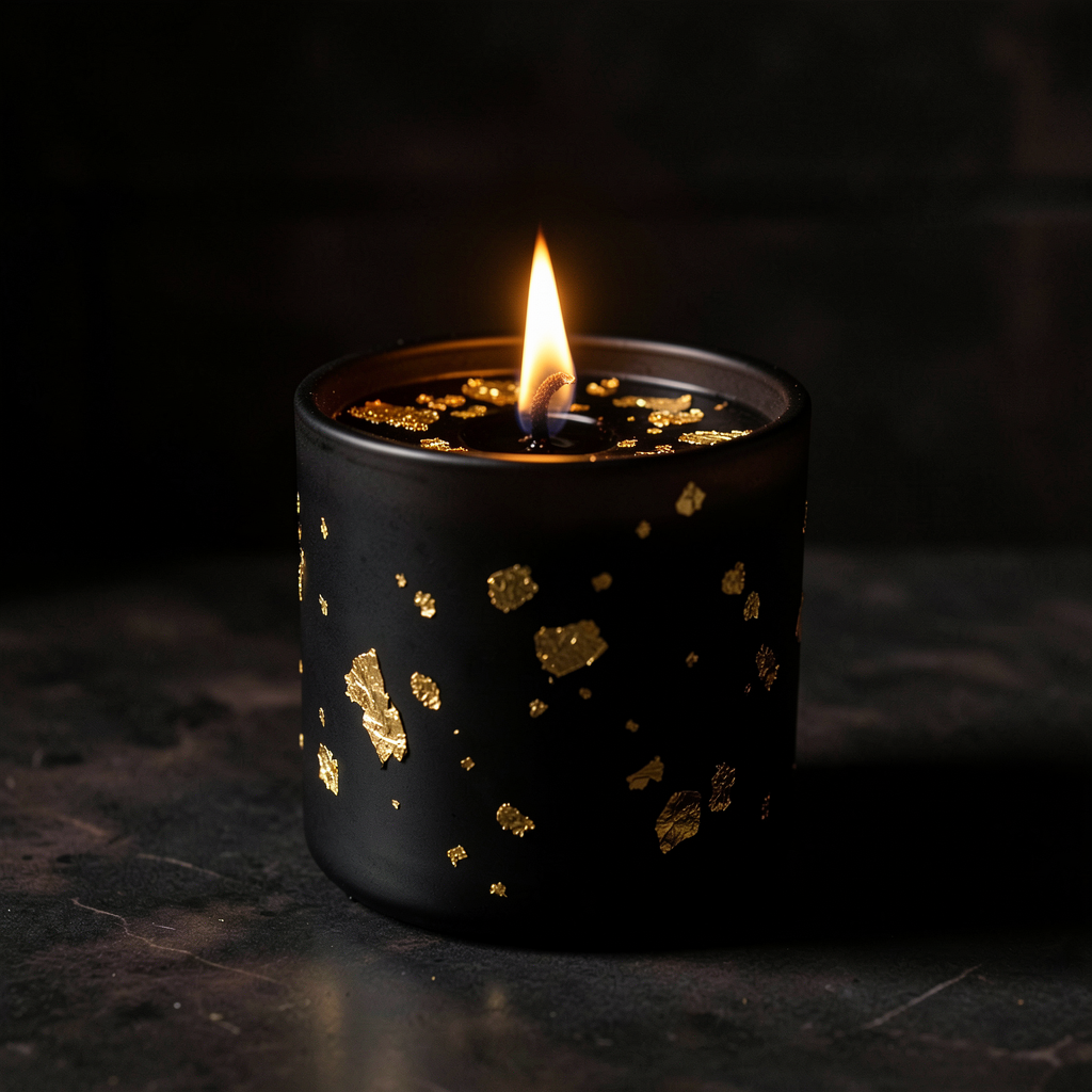 Intense black healing candle with gold leaf burning with a warm flame