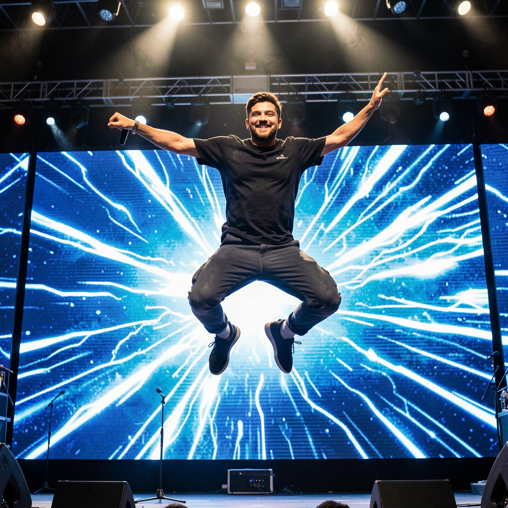 Artist jumping on stage
