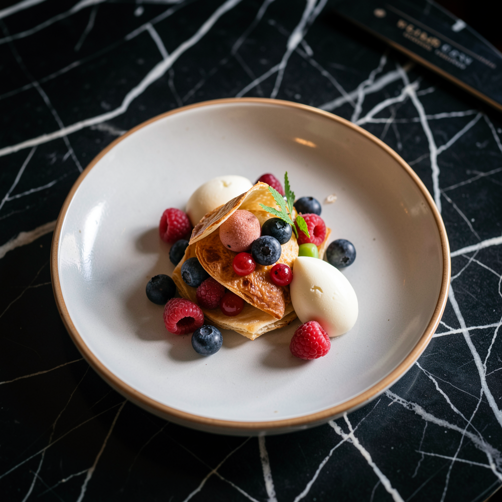 Artisanal fine dining dessert presentation