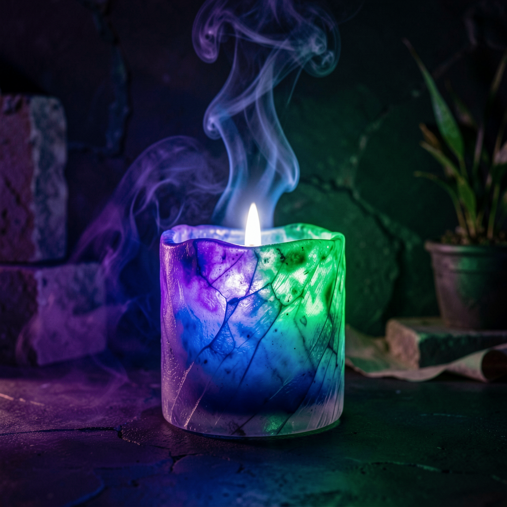 Intense healing candle emitting blue and purple light