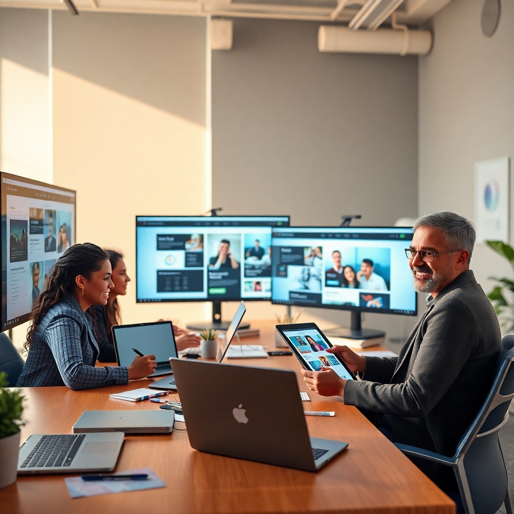 Capture an 8K resolution, hyperrealistic image of a sleek, modern workspace bathed in soft, natural light. The scene features a diverse team collaborating on website designs displayed on large monitors. One team member is sketching on a digital tablet, while another is engaged in a video call with a satisfied client who is showcasing their new website on their tablet, with a clear expression of delight and accomplishment on their face. The color palette is warm and inviting, with accents of blue and green. Include elements like high-end laptops, design mockups, and organizational tools to convey professionalism and creativity. The camera angle should be slightly elevated, providing a clear view of the entire collaborative process. The environment should feel innovative, supportive and results-oriented. This image should evoke the feeling of seamless website development and the joy of seeing a client's vision come to fruition.