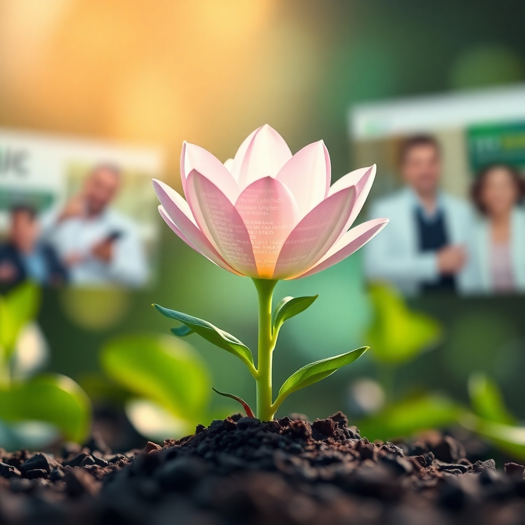 Create a 4K resolution, high-quality image showcasing the concept of 'done-for-you websites'. The scene features a blossoming flower representing a new business, growing from a digital seed with website code subtly integrated into the petals. The background features soft, blurred images of successful websites and happy business owners. The lighting should be soft and warm, conveying growth, simplicity, and ease of use. The color palette should be vibrant and inviting, with a focus on greens, blues, and yellows. The overall style should be modern and clean, conveying professionalism and reliability. The angle should be eye-level, creating a sense of intimacy and trust. This image should communicate the idea that TheIUSIBBA nurtures and grows businesses through its website solutions.