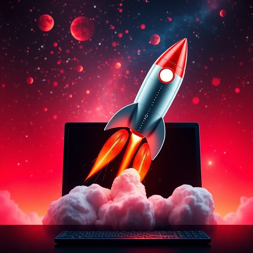 Create a visually striking image of a rocket launching from a computer screen, symbolizing the rapid deployment of a website. The rocket is sleek and modern, with subtle website code patterns on its exterior. The background features a vibrant galaxy, representing the vast potential of the online world. The lighting should be dramatic, with bright bursts of light and contrasting shadows. The color palette should be bold and exciting, with reds, oranges, and blues dominating the scene. The style should be futuristic and energetic, conveying speed and innovation.