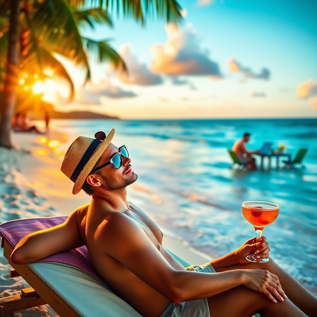 Create an image of a person relaxing on a beach, sipping a cocktail, while their website is being built in the background. The person is carefree and relaxed, while the background features a team of dedicated professionals working diligently on their website. The lighting should be warm and inviting, creating a sense of peace and tranquility. The color palette should be calming and reassuring, with blues, greens, and yellows dominating the scene. The style should be tropical and relaxed, conveying ease and enjoyment.