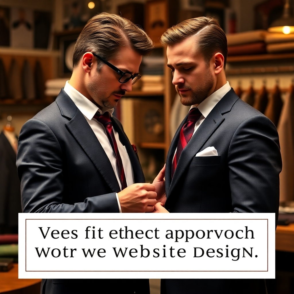 Depict a tailor meticulously fitting a suit to a customer, symbolizing the personalized approach to website design. The tailor is focused and attentive, ensuring every detail is perfect. The background features a workshop with various tailoring tools and fabrics. The lighting should be warm and inviting, creating a sense of trust and craftsmanship. The color palette should be sophisticated and elegant, with rich textures and subtle patterns. The style should be classic and refined, conveying attention to detail and personalized service.