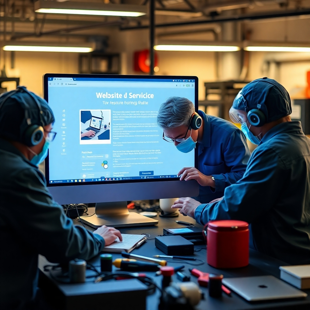 Depict a team of skilled technicians diligently maintaining a website, ensuring it remains secure and up-to-date. The scene should be organized and efficient, with various tools and equipment in the background. The lighting should be warm and reassuring, conveying reliability and expertise. The overall style should be professional and trustworthy, highlighting the importance of website maintenance.