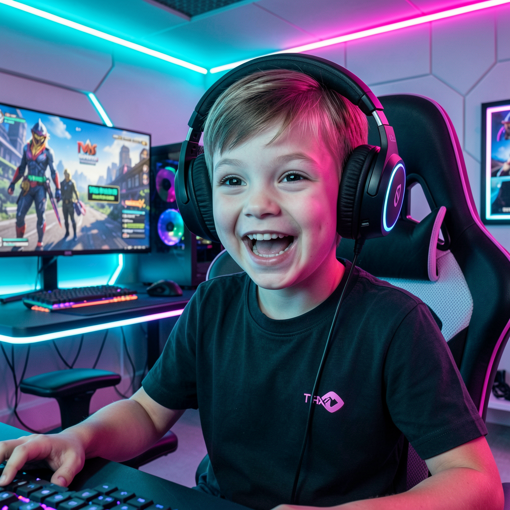 Kid streamer with headphones smiling in a gaming setup
