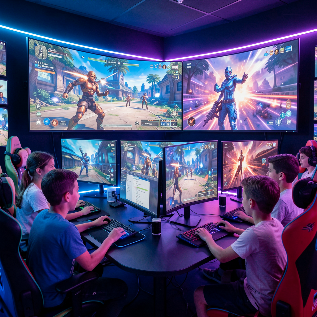 Kids playing video games in a neon gaming room