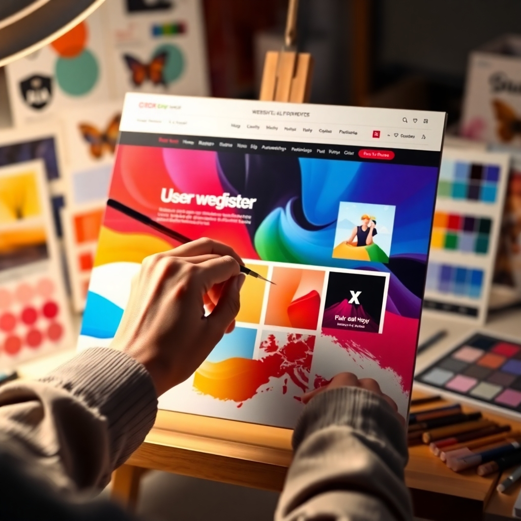 Generate an image of an artist's hand delicately painting a website layout on a digital canvas. The colors are vibrant and harmonious, with a focus on user experience and visual appeal. The surrounding environment includes design tools and inspirational elements, such as mood boards and color palettes. The lighting is soft and diffused, creating a sense of creativity and attention to detail. The style should be artistic and sophisticated, conveying expertise and craftsmanship.