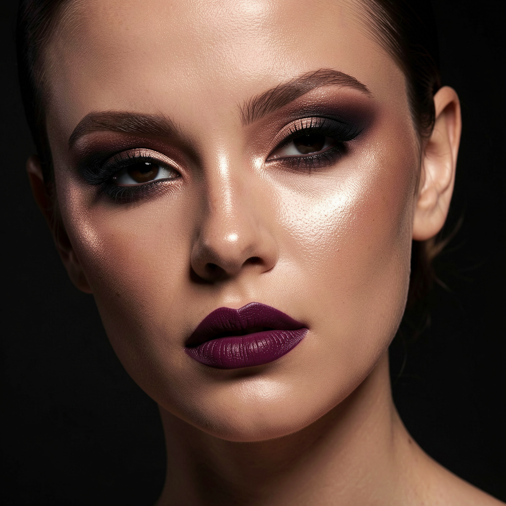 Glamorous makeup model with smoky eyes and rose gold lips