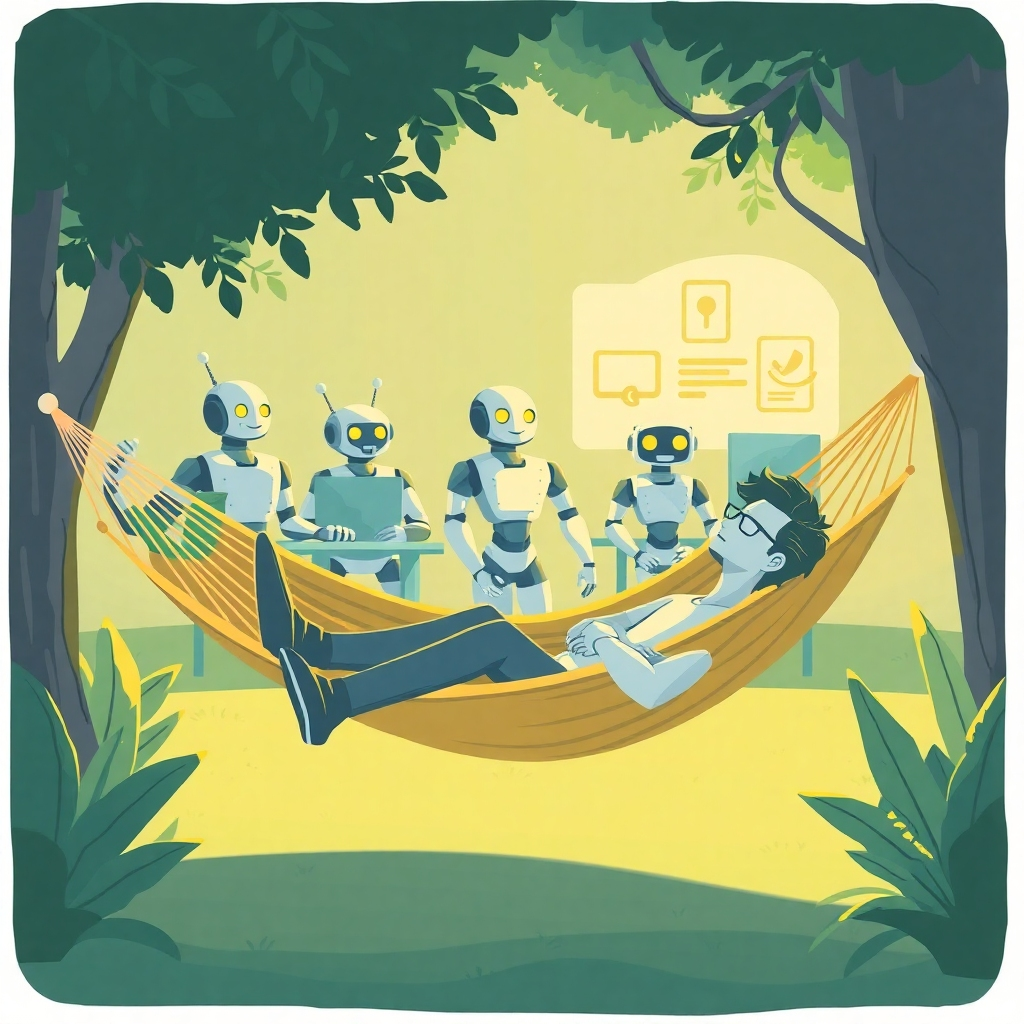 Illustrate a serene scene of a business owner relaxing in a hammock, while a team of diligent robots maintains their website in the background. The robots are efficient and friendly-looking, ensuring everything runs smoothly. The lighting should be warm and inviting, creating a sense of peace and tranquility. The color palette should be calming and reassuring, with greens, blues, and yellows dominating the scene. The style should be modern and minimalist, conveying reliability and ease of use.