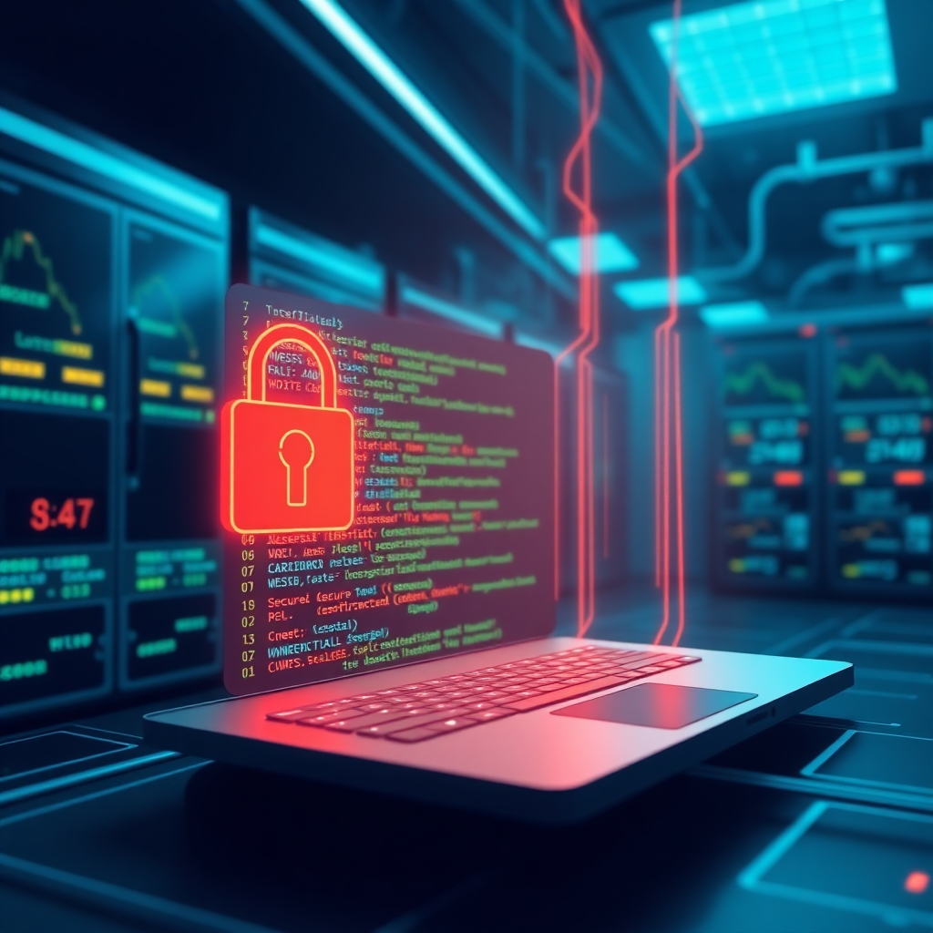 Illustrate lines of code morphing into a secure and high-performance website. The scene should be futuristic and technologically advanced, with various servers and data streams in the background. The lighting should be cool and sophisticated, conveying reliability and expertise. The overall style should be modern and professional, highlighting the technical aspects of website development.