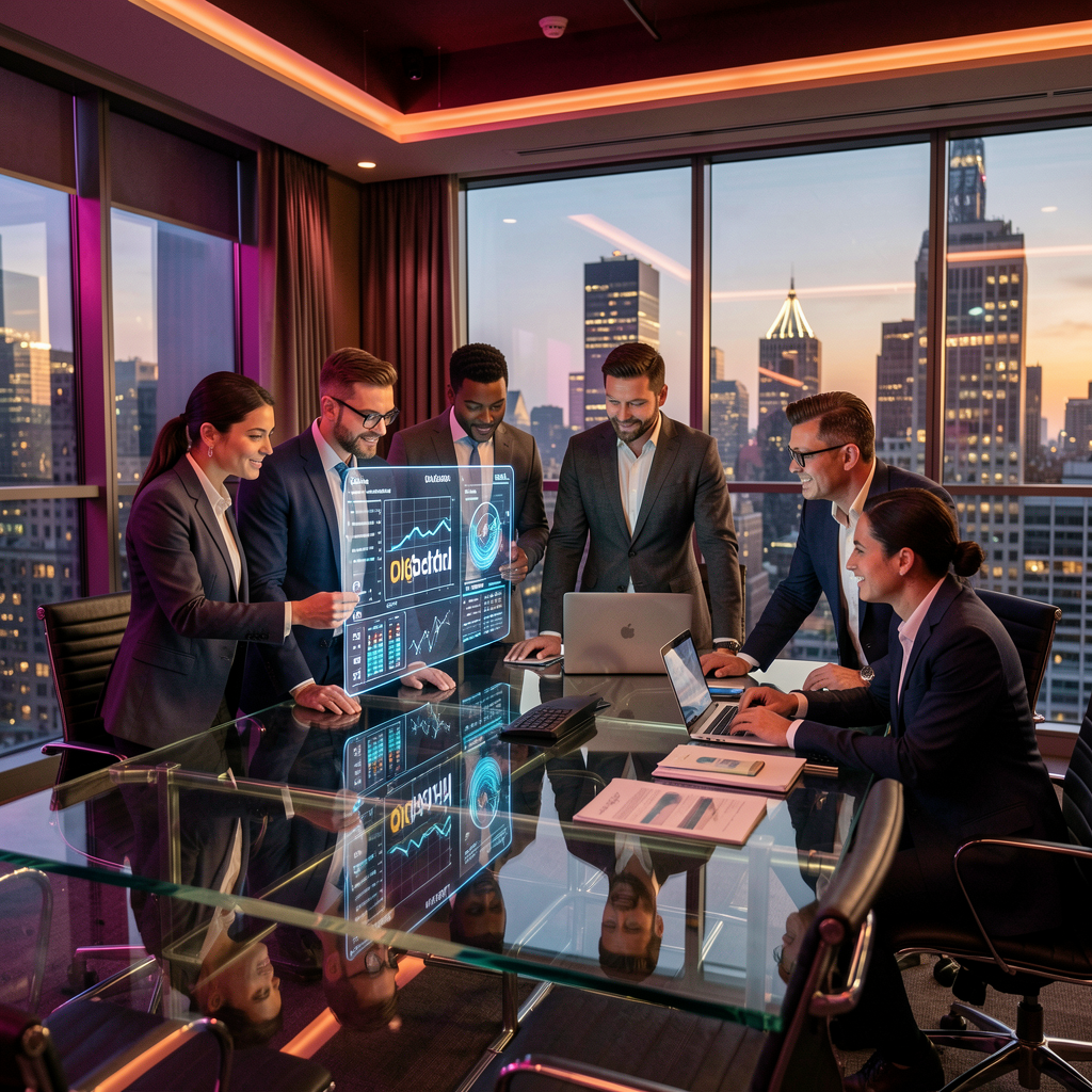 Elite executive team reviewing digital growth metrics