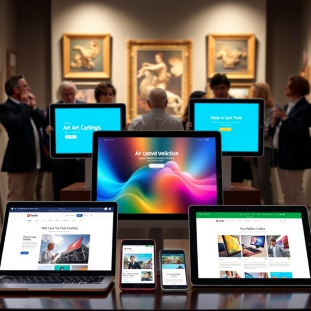 Showcase a collection of beautifully designed websites displayed on various devices, such as laptops, tablets, and smartphones. The websites are visually appealing and feature a clean, modern design. The background features a gallery with art critics admiring the websites, emphasizing their high quality. The lighting should be bright and flattering, showcasing the websites' design. The color palette should be vibrant and harmonious, with a focus on user experience and visual appeal. The style should be modern and professional, conveying expertise and craftsmanship.