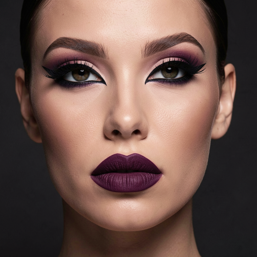 Dramatic dark lashes and plum lipstick