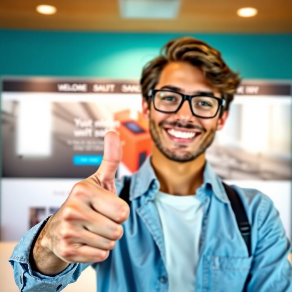 Visualize a person giving a thumbs up, symbolizing their satisfaction with the website. The person is smiling and confident, while the background features a professionally designed website. The lighting should be bright and cheerful, creating a sense of trust and confidence. The color palette should be vibrant and inviting, with bold colors and contrasting shades. The style should be modern and optimistic, conveying satisfaction and success.