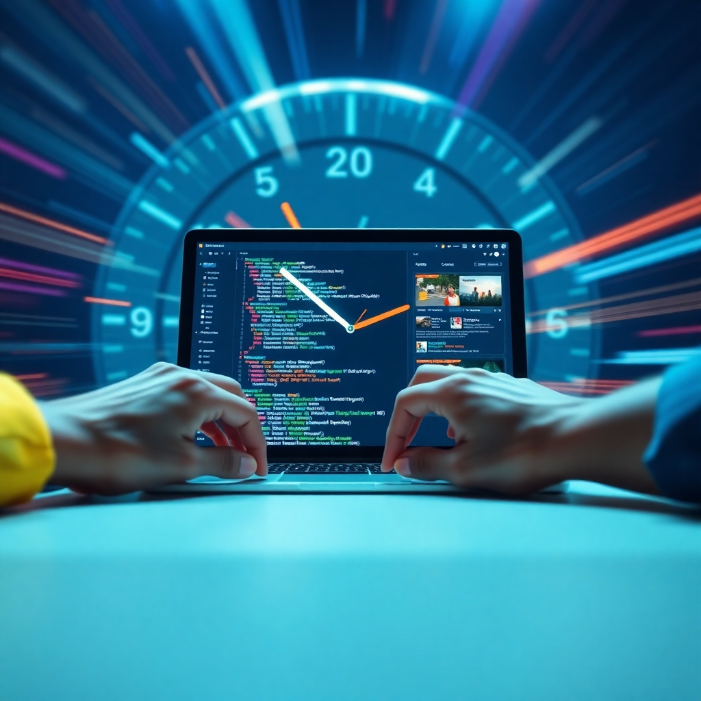 Visualize a time-lapse video of a website being built from scratch in a matter of seconds. The scene shows hands rapidly typing code, dragging and dropping design elements, and uploading content. The background features a clock speeding up, emphasizing the fast turnaround time. The lighting should be dynamic and energetic, with fast-paced transitions and visual effects. The color palette should be vibrant and exciting, with bold colors and contrasting shades. The style should be modern and innovative, conveying speed and efficiency.