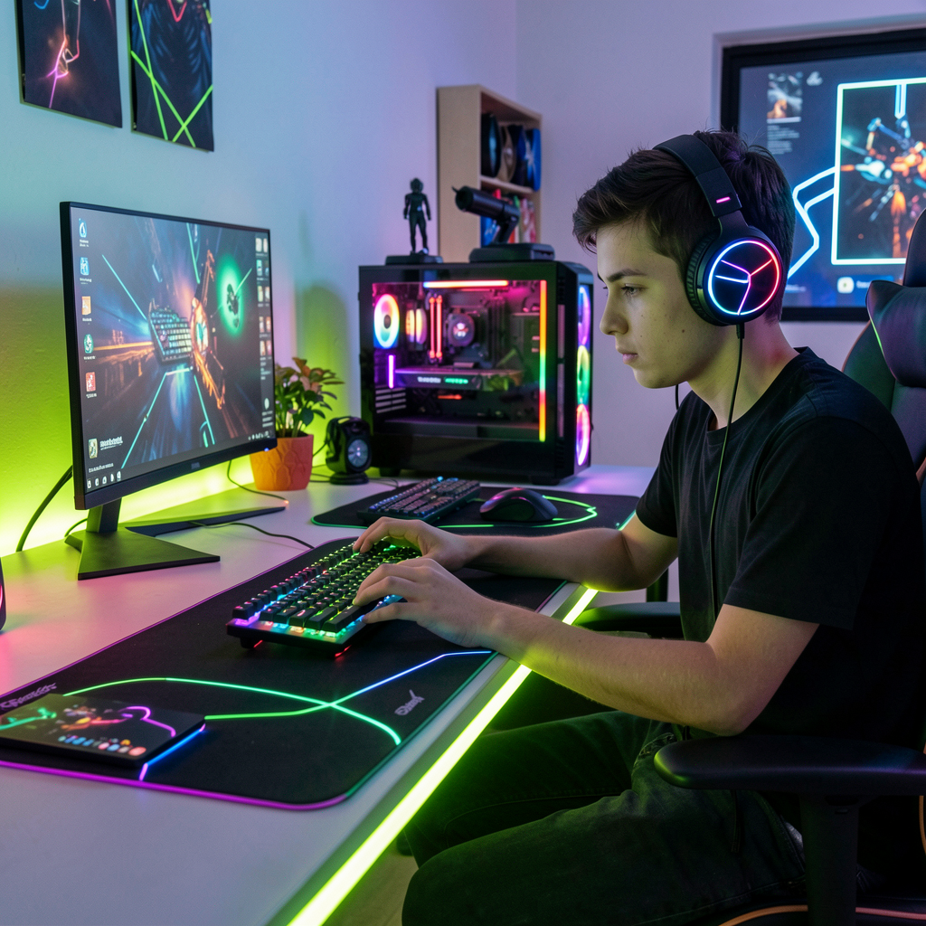 Kid reviewing custom tech gear and glowing keyboards