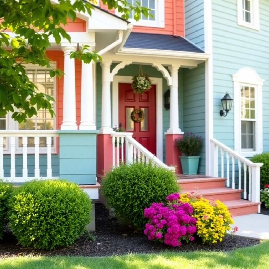 A beautifully painted home exterior with vibrant colors and well-maintained landscaping. Focus on the curb appeal and the overall sense of pride and satisfaction.