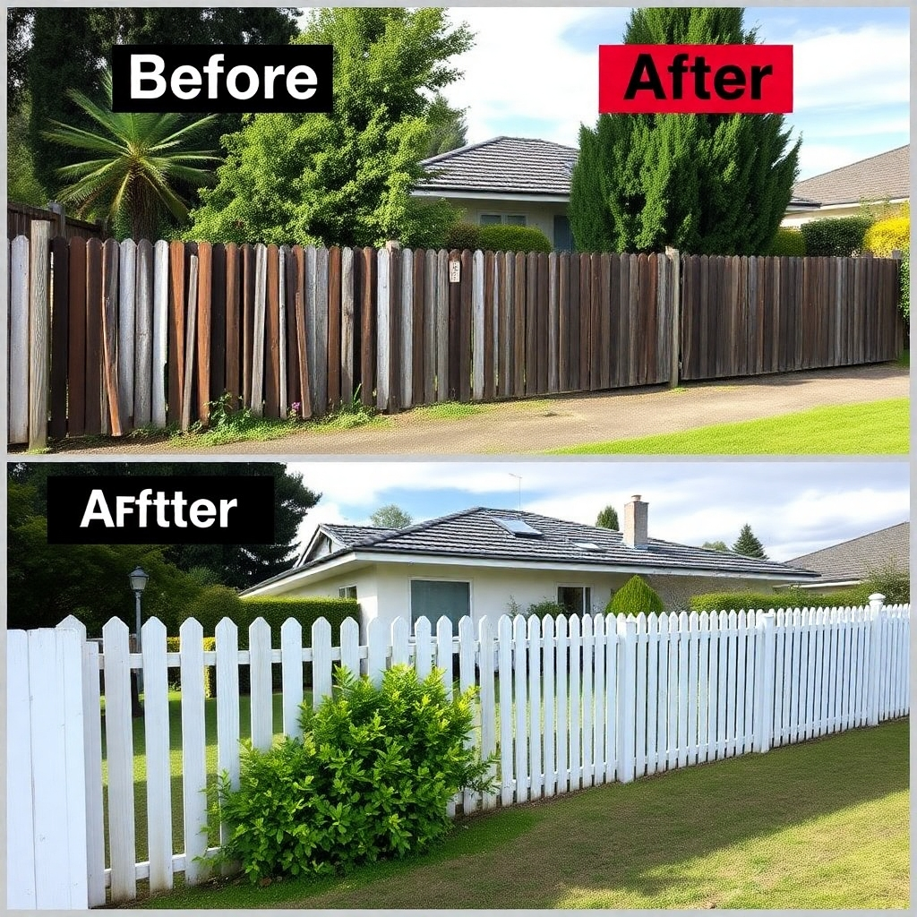 A before-and-after style image showcasing an Auckland property. Before: A dilapidated or nonexistent fence. After: A newly installed, beautiful fence dramatically improving the property's appearance. The focus should be on the increased curb appeal.
