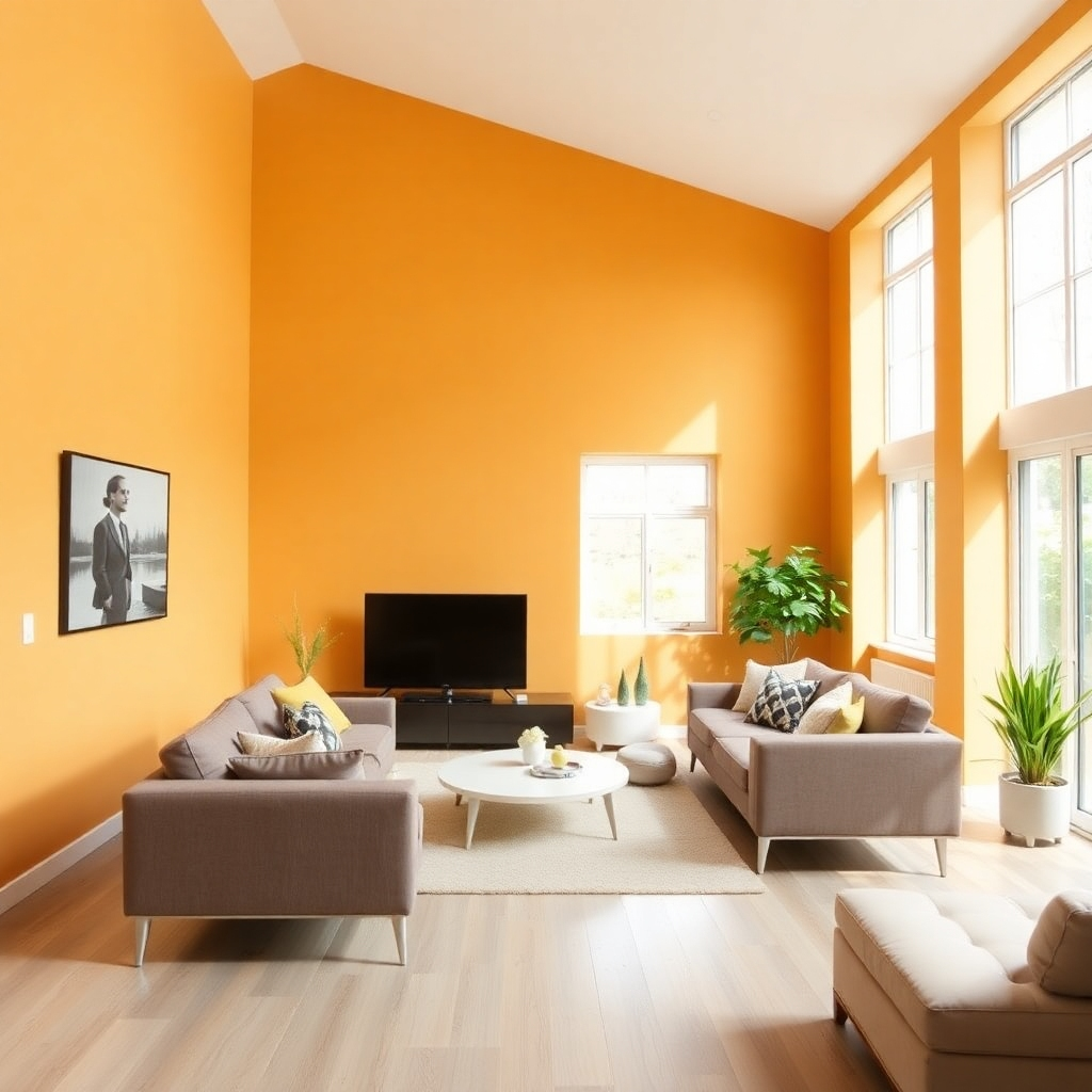 A brightly lit, modern living room with freshly painted walls in a warm, inviting color. Focus on the clean lines, smooth finish, and the overall sense of comfort and style.