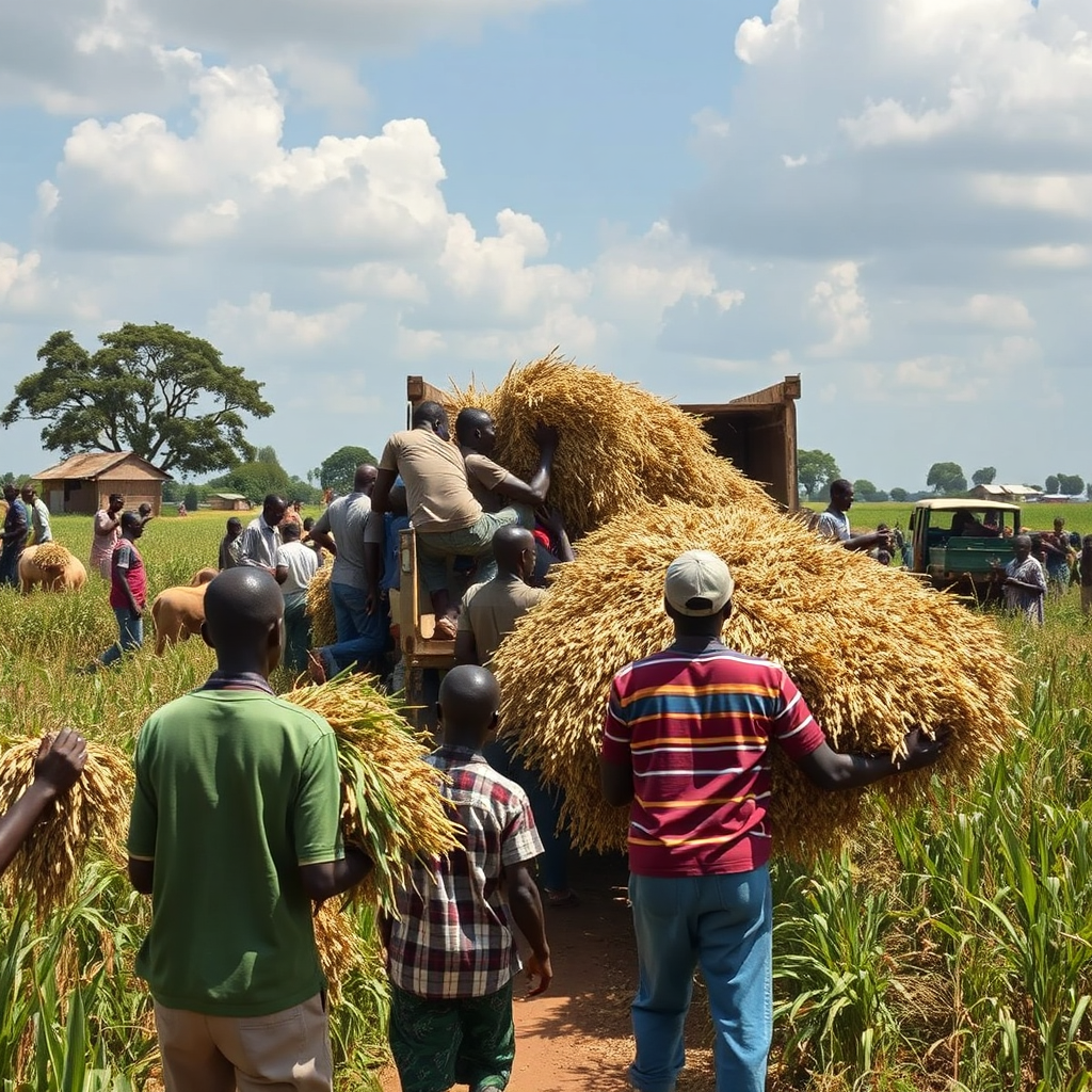 A bustling scene at a local Zimbabwean farm, with farmers harvesting millet (mhunga) and loading it onto a truck. Emphasize the activity and the sense of community. Technical Specs: 4K, natural lighting, documentary style.
