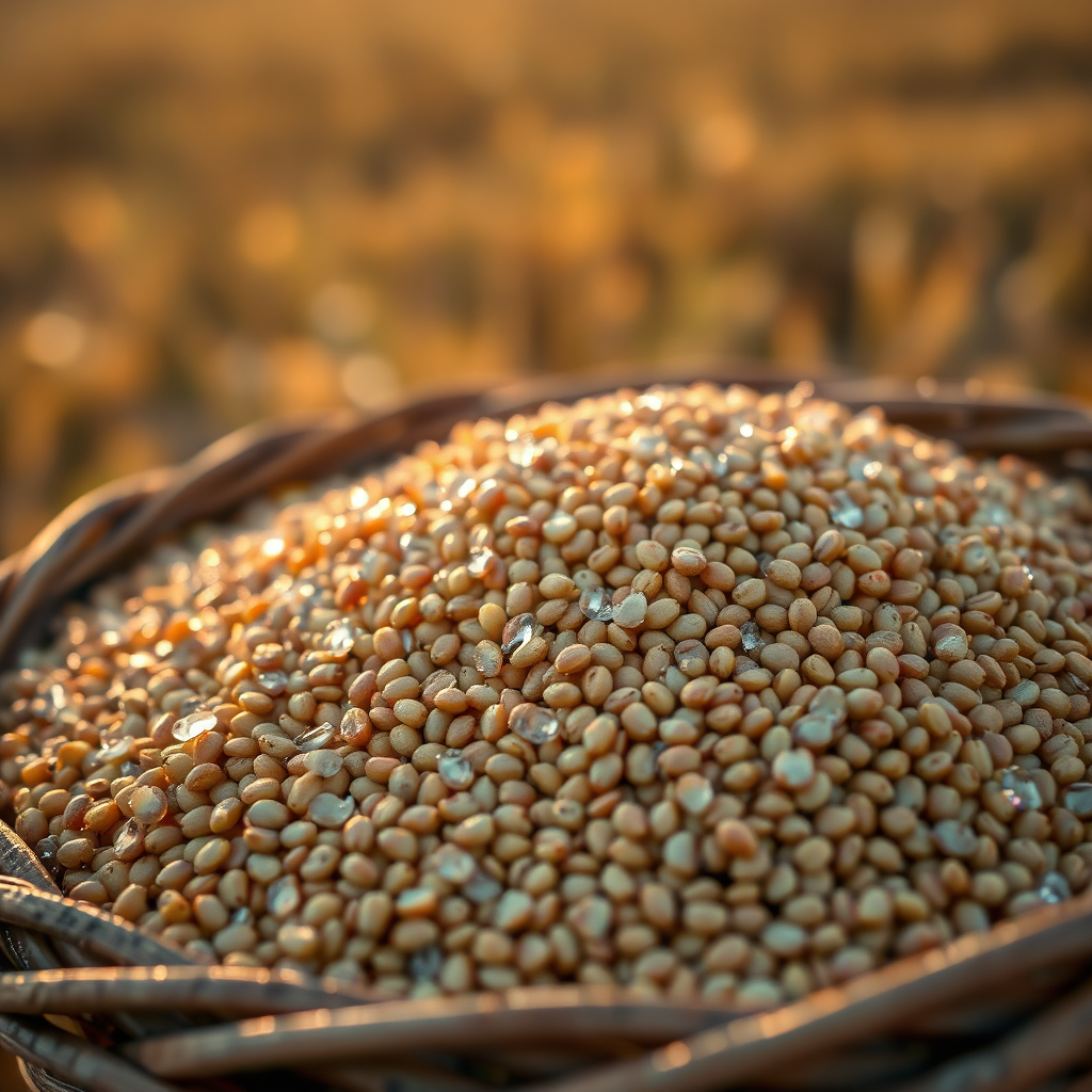 A close-up, photorealistic shot of freshly harvested millet grains (mhunga) filling a woven basket. The grains should be glistening with morning dew. The background is a blurred field in the early morning light. Use a shallow depth of field to emphasize the texture of the grains. Focus on earthy tones, with highlights of gold from the morning sun. Technical Specs: 4K, macro lens, golden hour lighting.
